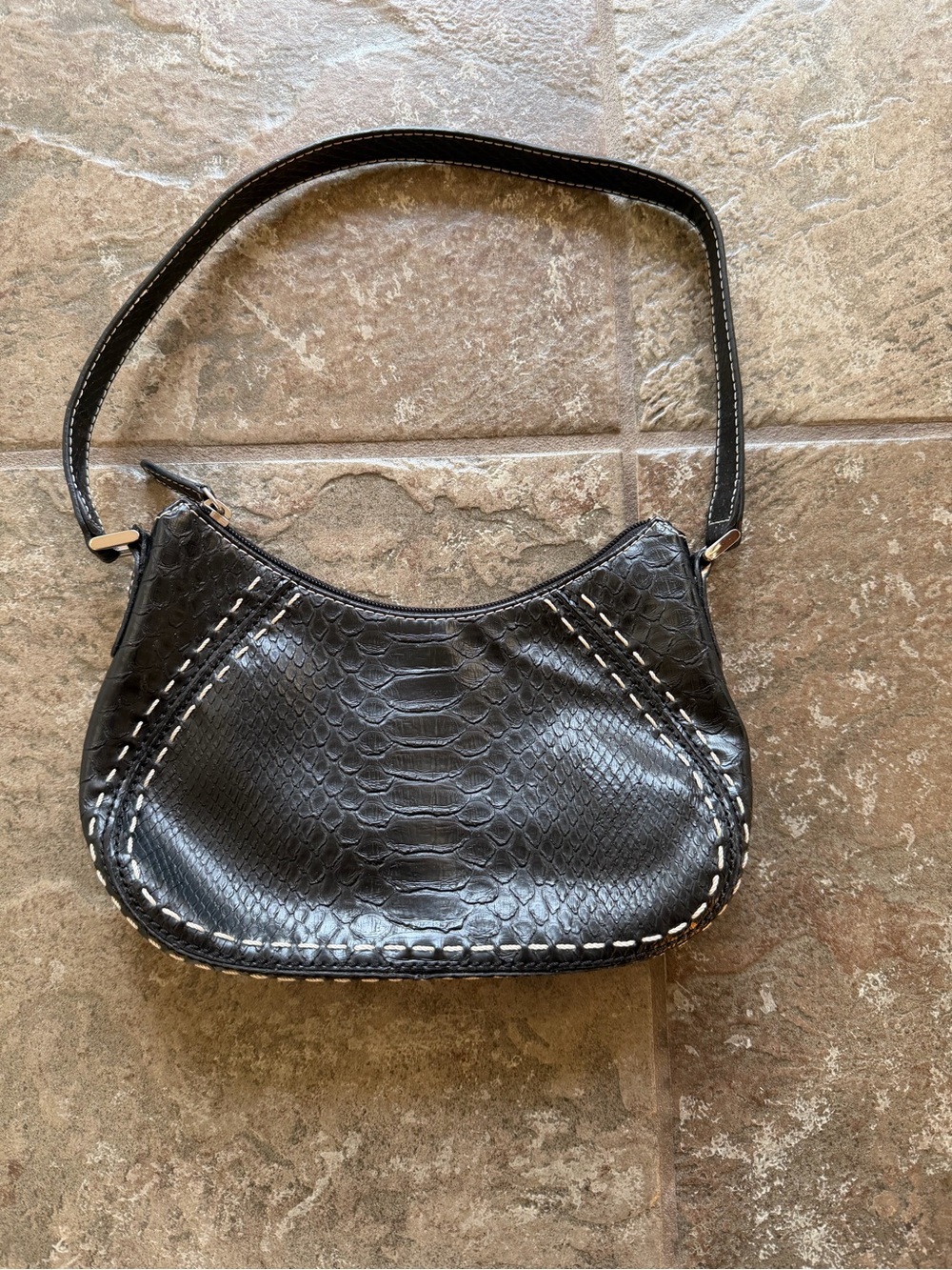 Liz Claiborne Vintage Y2K Black Mini Hobo Bag White Stitching Faux Snakeskin